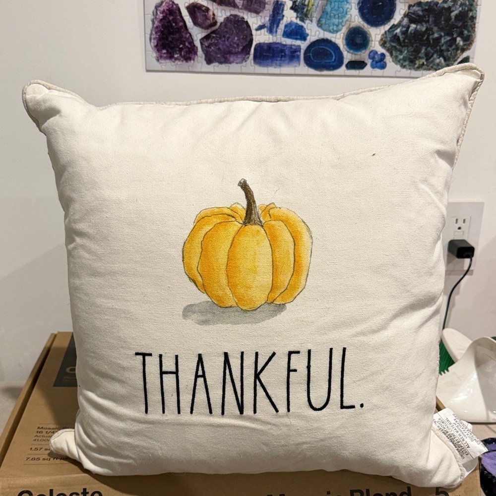 Rae Dunn Thankful Pillow with Yellow Pumpkin Design